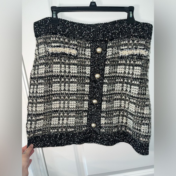 Caché Tweed Glitter Knit Pearl Embellished Faux Pocket Trimming Skirt Sz Large - Picture 5 of 11